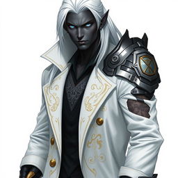 A tall Drow male character named Jayce Kovacs with long, snow-white hair and striking glowing blue irises set against his dark obsidian skin