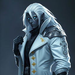 A tall Drow male named Jayce Kovacs with long, snow-white hair and glowing blue irises, contrasting with his dark obsidian skin