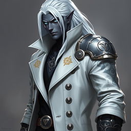 A tall Drow male named Jayce Kovacs with long, snow-white hair and glowing blue irises, contrasting with his dark obsidian skin