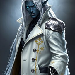 A tall Drow male named Jayce Kovacs with long, snow-white hair and glowing blue irises, contrasting with his dark obsidian skin