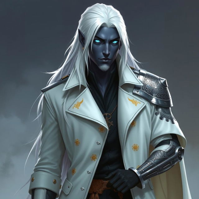 A tall Drow male named Jayce Kovacs with long, snow-white hair and glowing blue irises, contrasting with his dark obsidian skin