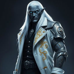 A tall Drow man, Jayce Kovacs, stands tall with long, snow-white hair flowing down his shoulders
