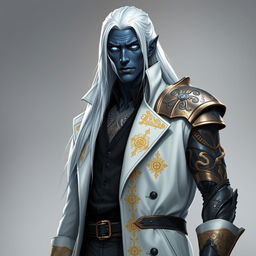 A tall Drow man, Jayce Kovacs, stands tall with long, snow-white hair flowing down his shoulders