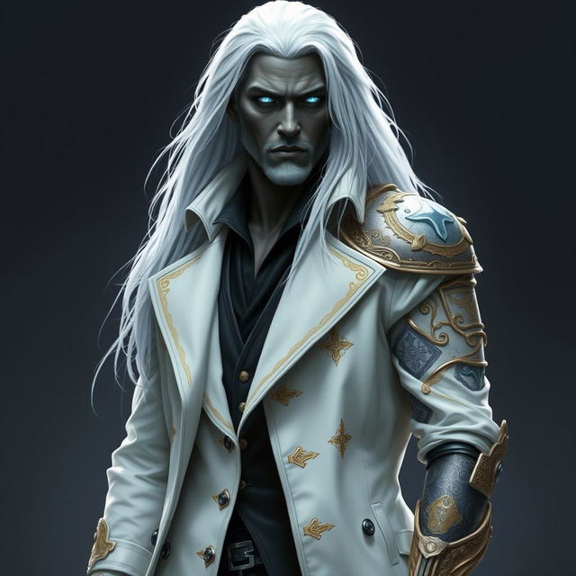 A tall Drow man, Jayce Kovacs, stands tall with long, snow-white hair flowing down his shoulders