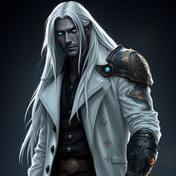 A tall Drow man, Jayce Kovacs, stands tall with long, snow-white hair flowing down his shoulders
