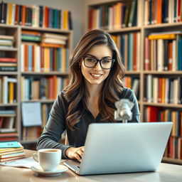 A beautiful brunette female teacher in a classroom environment, wearing stylish glasses and engaged with a laptop