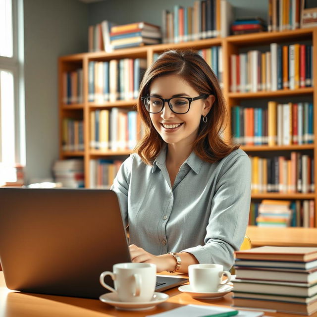 A beautiful brunette female teacher in a classroom environment, wearing stylish glasses and engaged with a laptop