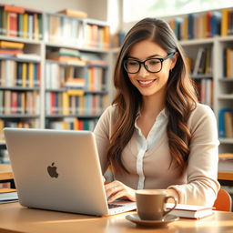 A beautiful brunette female teacher in a classroom environment, wearing stylish glasses and engaged with a laptop