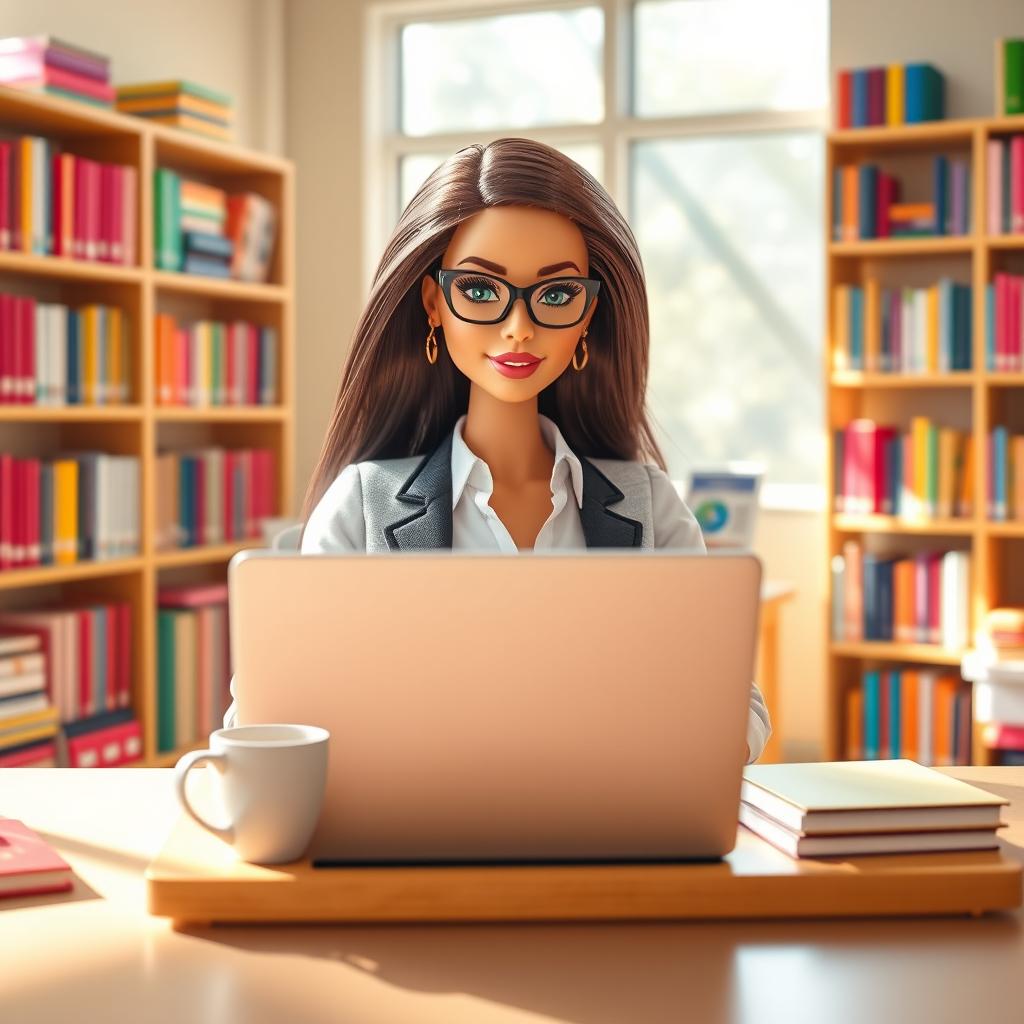 A vibrant scene featuring a stylish Barbie teacher in a bright classroom, sitting at her desk with a laptop open in front of her