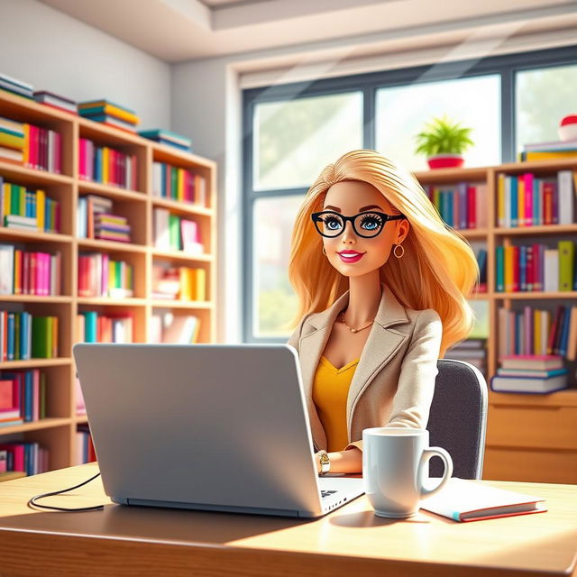 A vibrant scene featuring a stylish Barbie teacher in a bright classroom, sitting at her desk with a laptop open in front of her