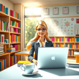 A vibrant scene featuring a stylish Barbie teacher in a bright classroom, sitting at her desk with a laptop open in front of her