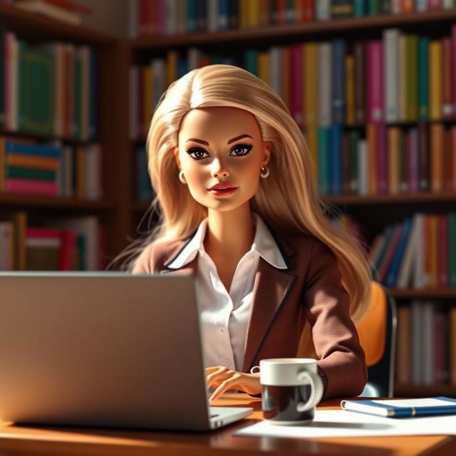 A serious-looking Barbie teacher in a classroom, sitting at her desk with a laptop in front of her