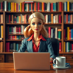 A serious-looking Barbie teacher in a classroom, sitting at her desk with a laptop in front of her