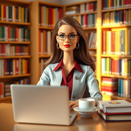 A serious-looking Barbie teacher in a classroom, sitting at her desk with a laptop in front of her