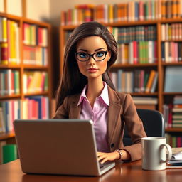 A serious-looking Barbie teacher in a classroom, sitting at her desk with a laptop in front of her
