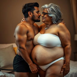 An Indian young man in black underwear gently kissing a mature 60-year-old Indian woman who is large-sized, with a curvy, wide figure, including large breasts and wide hips, complemented by her beautiful grey hair
