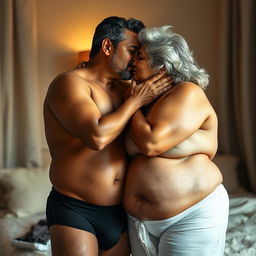 An Indian young man in black underwear gently kissing a mature 60-year-old Indian woman who is large-sized, with a curvy, wide figure, including large breasts and wide hips, complemented by her beautiful grey hair