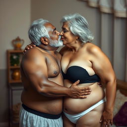An Indian young man in black underwear gently kissing a mature 60-year-old Indian woman who is large-sized, with a curvy, wide figure, including large breasts and wide hips, complemented by her beautiful grey hair
