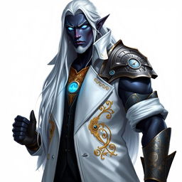 A tall Drow character named Jayce Kovacs stands confidently, featuring long, flowing snow-white hair that contrasts vividly with his smooth dark obsidian skin
