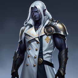 A tall Drow character named Jayce Kovacs stands confidently, featuring long, flowing snow-white hair that contrasts vividly with his smooth dark obsidian skin