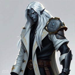 A tall Drow character named Jayce Kovacs stands confidently, featuring long, flowing snow-white hair that contrasts vividly with his smooth dark obsidian skin