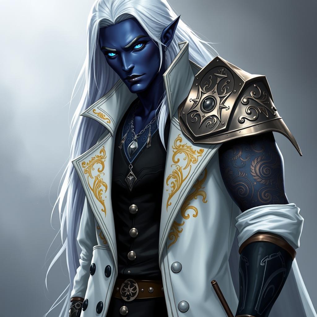 A tall Drow character named Jayce Kovacs stands confidently, featuring long, flowing snow-white hair that contrasts vividly with his smooth dark obsidian skin