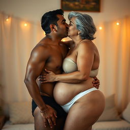 An Indian young man in black underwear, passionately kissing a mature 60-year-old Indian woman who is large-sized, featuring a curvy figure with large breasts and wide hips