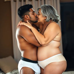 An Indian young man in black underwear, passionately kissing a mature 60-year-old Indian woman who is large-sized, featuring a curvy figure with large breasts and wide hips