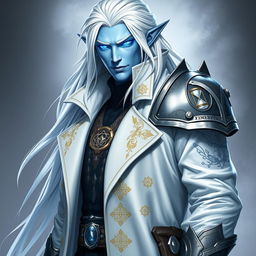 A tall Drow character named Jayce Kovacs stands proudly with long, flowing snow-white hair that contrasts beautifully with his light azure skin