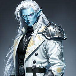 A tall Drow character named Jayce Kovacs stands proudly with long, flowing snow-white hair that contrasts beautifully with his light azure skin
