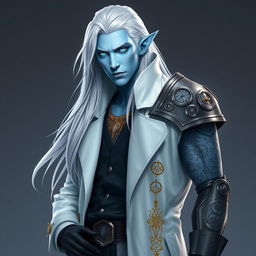 A tall Drow character named Jayce Kovacs stands proudly with long, flowing snow-white hair that contrasts beautifully with his light azure skin