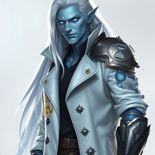 A tall Drow character named Jayce Kovacs stands proudly with long, flowing snow-white hair that contrasts beautifully with his light azure skin