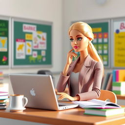 A thoughtful Barbie teacher in a modern classroom, one hand resting thoughtfully against her face as she looks at her laptop