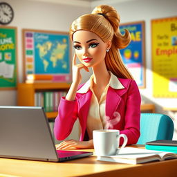A thoughtful Barbie teacher in a modern classroom, one hand resting thoughtfully against her face as she looks at her laptop