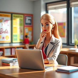 A thoughtful Barbie teacher in a modern classroom, one hand resting thoughtfully against her face as she looks at her laptop
