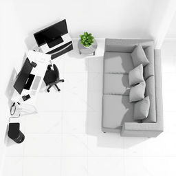 A top-down pixel art view of a room, featuring no walls or curtains
