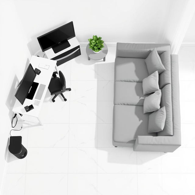 A top-down pixel art view of a room, featuring no walls or curtains