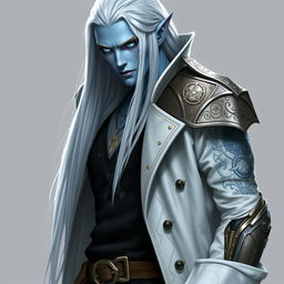 A tall Drow named Jayce Kovacs, showcasing his long, snow-white hair flowing elegantly down his back