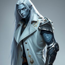 A tall Drow named Jayce Kovacs, showcasing his long, snow-white hair flowing elegantly down his back