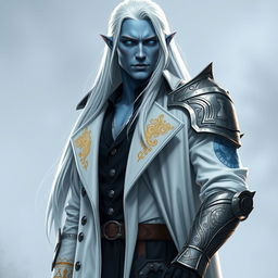 A tall Drow named Jayce Kovacs, showcasing his long, snow-white hair flowing elegantly down his back