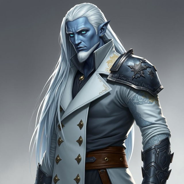 A tall Drow named Jayce Kovacs, showcasing his long, snow-white hair flowing elegantly down his back