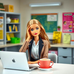 A contemplative Barbie teacher in a modern classroom, one hand resting on her forehead as if pondering a challenging problem