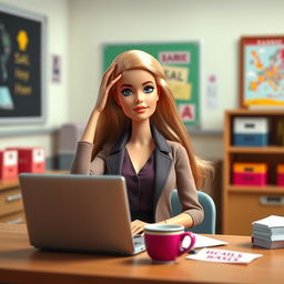 A contemplative Barbie teacher in a modern classroom, one hand resting on her forehead as if pondering a challenging problem