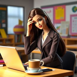 A contemplative Barbie teacher in a modern classroom, one hand resting on her forehead as if pondering a challenging problem
