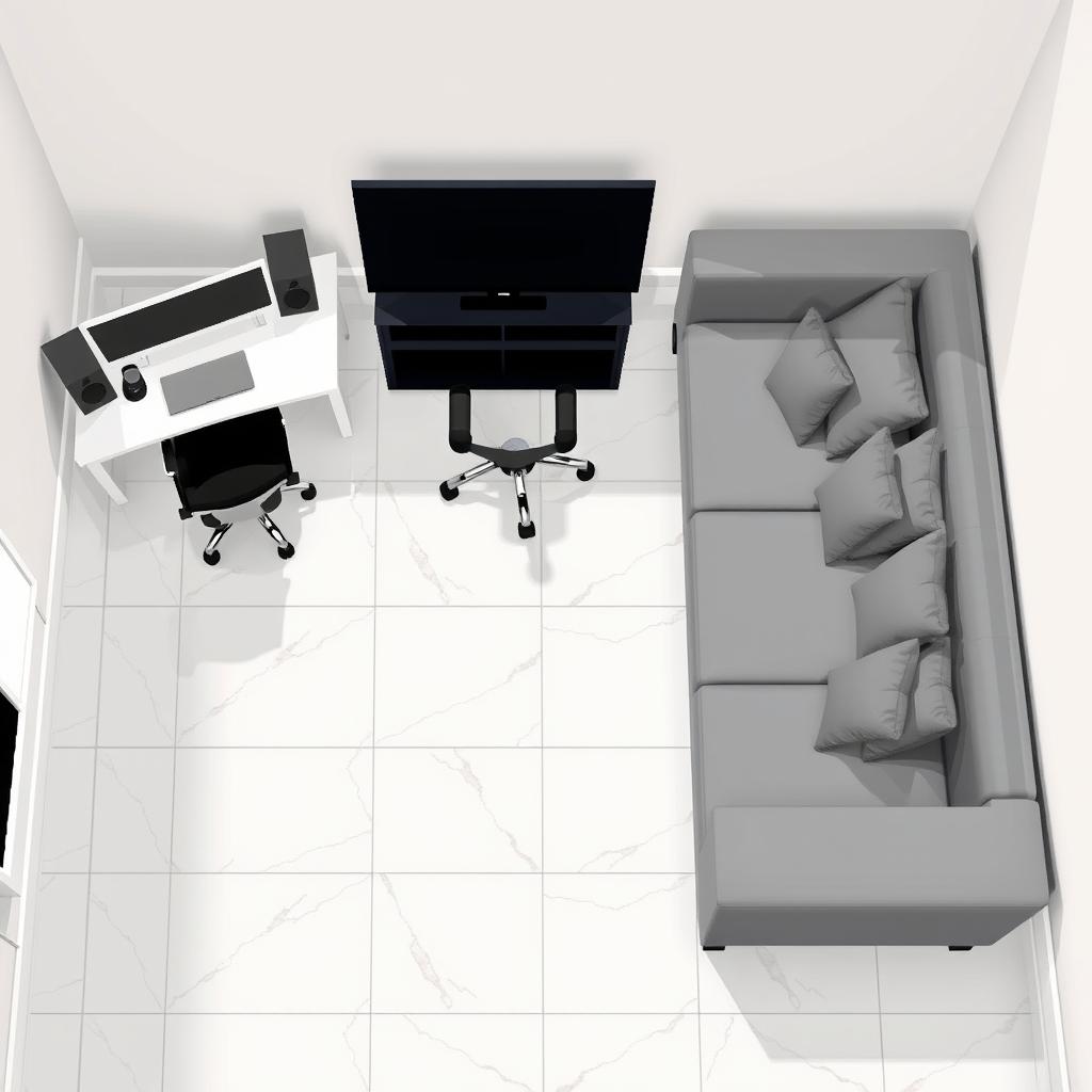 A top-down pixel art view of a room without walls or curtains