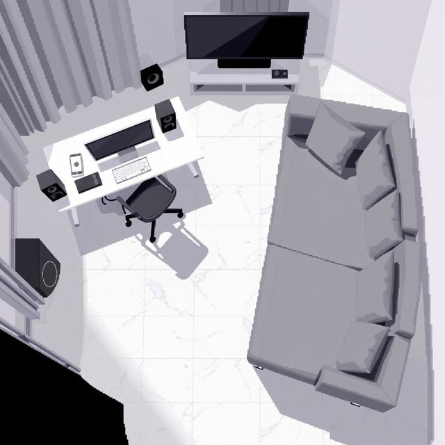 A top-down pixel art view of a room without walls or curtains
