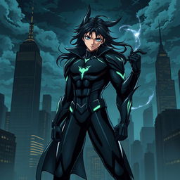 A dark anime style superhero, seamlessly blending the aesthetics of classic anime with elements from the Marvel Universe
