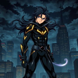 A dark anime style superhero, seamlessly blending the aesthetics of classic anime with elements from the Marvel Universe