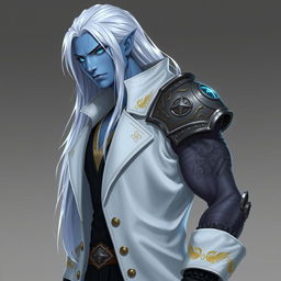 A tall Drow male character with long, snow-white hair flowing elegantly, glowing blue irises that contrast with his neutral blue skin