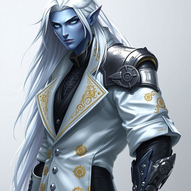 A tall Drow male character with long, snow-white hair flowing elegantly, glowing blue irises that contrast with his neutral blue skin